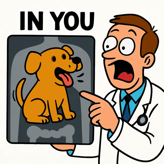 A doctor points at an X-ray showing a dog inside a patient, labelled In You