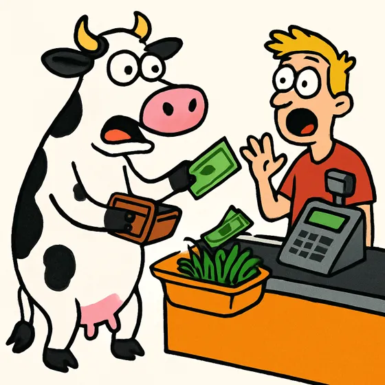 A cow paying at a shop checkout for a basket of grass