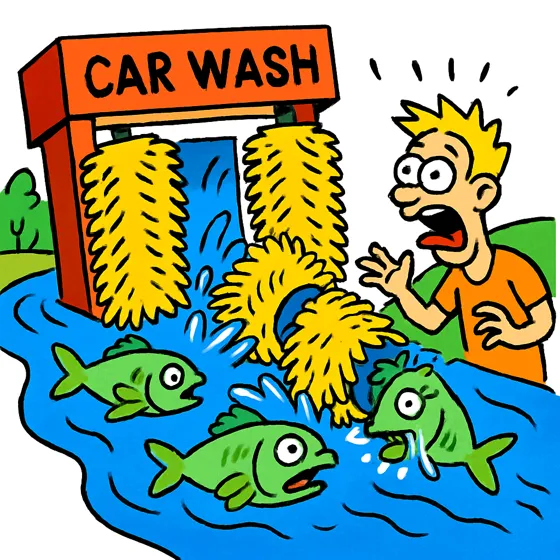 A car wash machine in a river scrubbing fish
