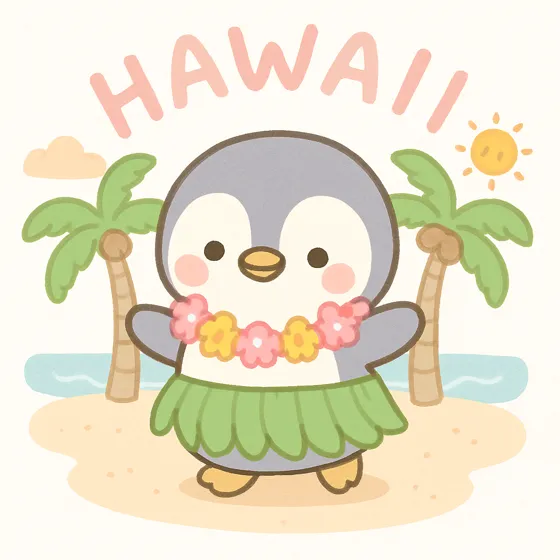 A cute penguin in a grass skirt on a Hawaii beach