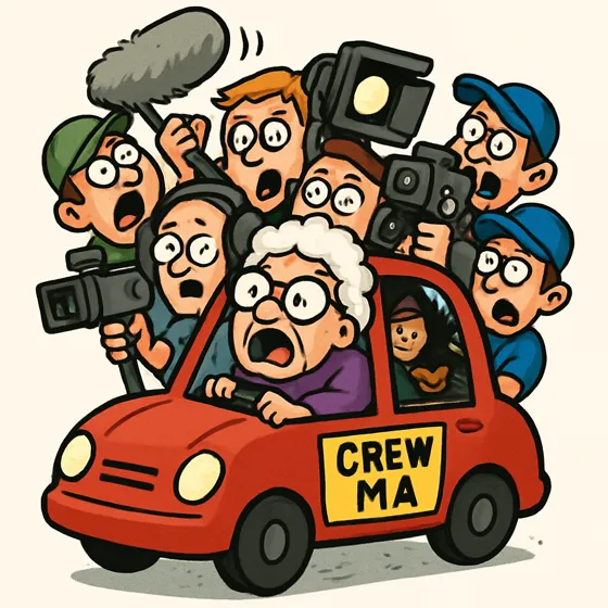 A tiny red car packed with a film crew and a grandma, labelled Crew Ma
