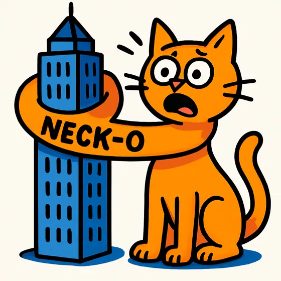 A cat whose neck is wrapped around a skyscraper, labelled Neck-O