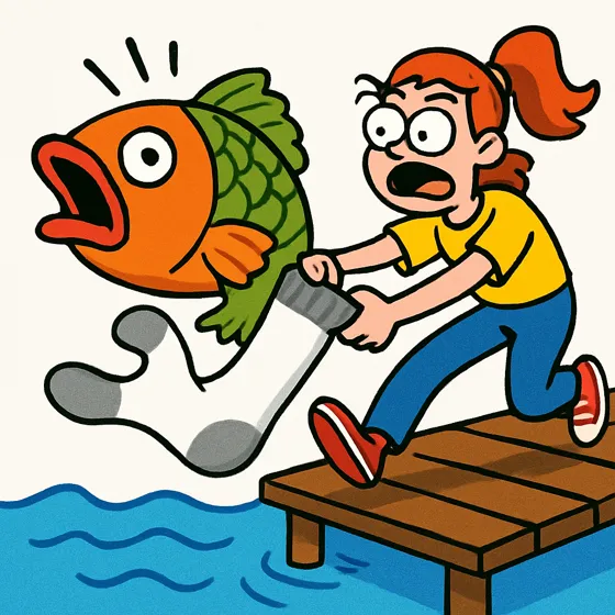 A woman on a dock pulling a giant sock onto a fish