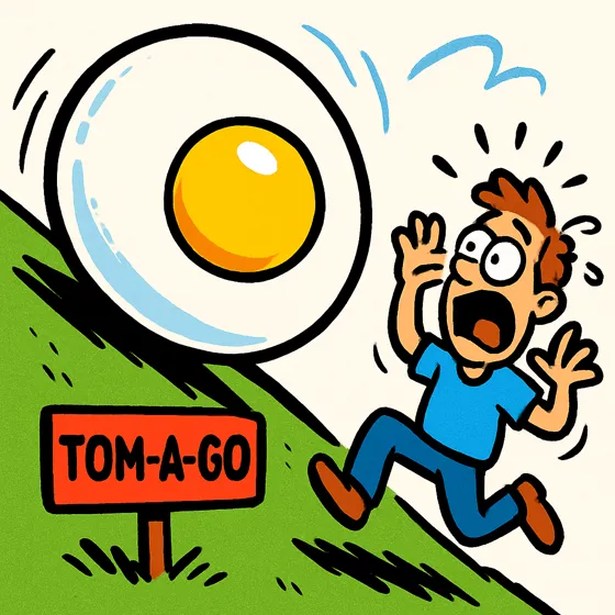 Tom running from a giant egg rolling down a hill, next to a Tom-A-Go sign