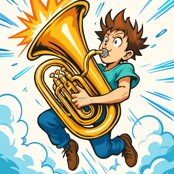 A man blowing a tuba so hard he flies through the clouds